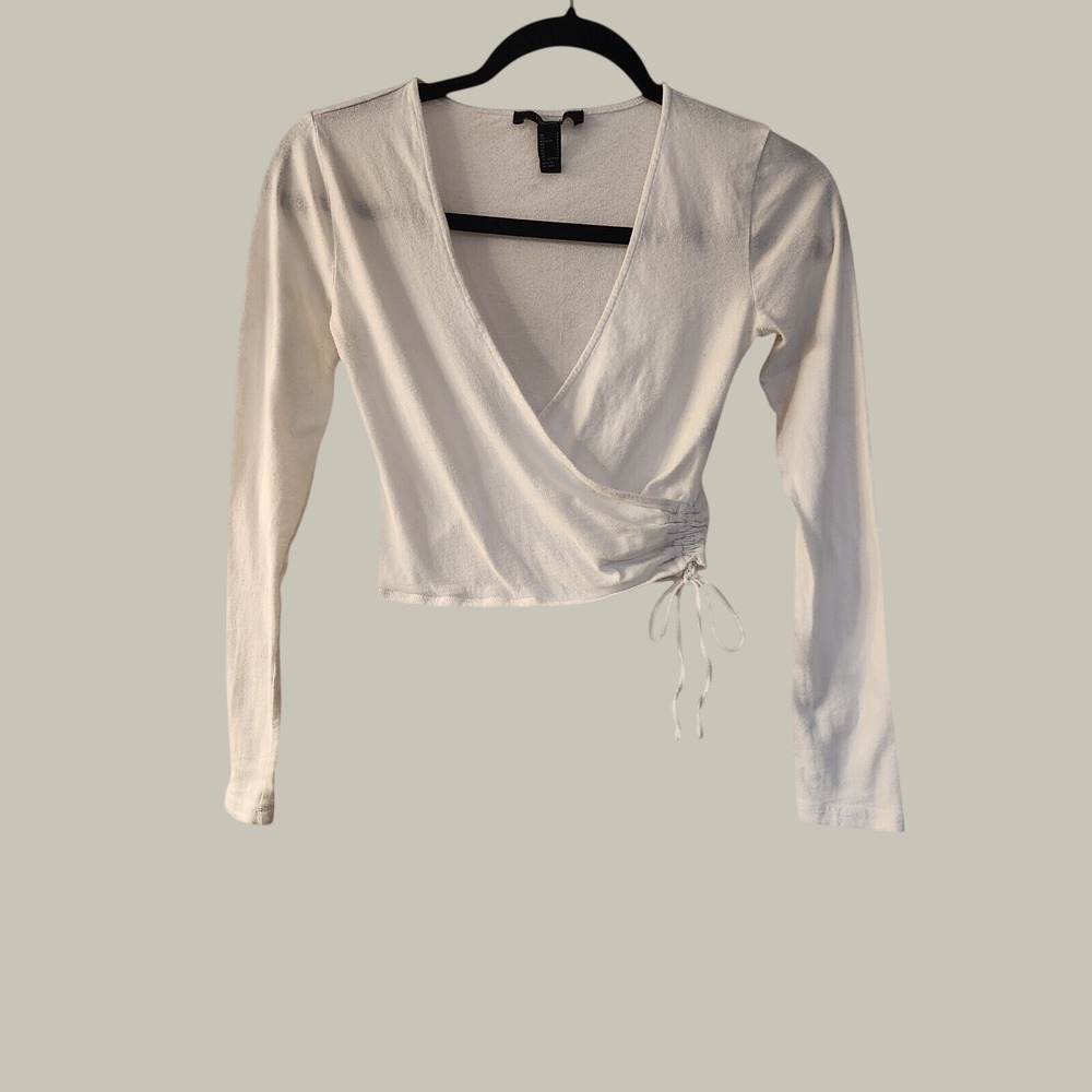 Forever 21 Chic White Long Sleeve Faux Wrap Cropped Top S/P